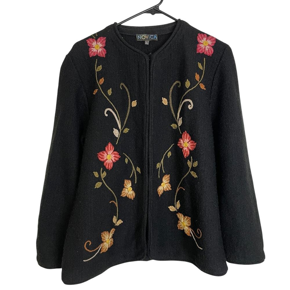 Novica Floral Embroidered Cardigan Sweater Womens Large Black Button Wool Alpaca